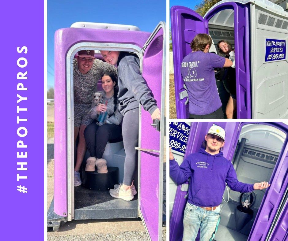 Four people pose inside and around purple porta-potty, including a dog. The images highlight porta-potty service.