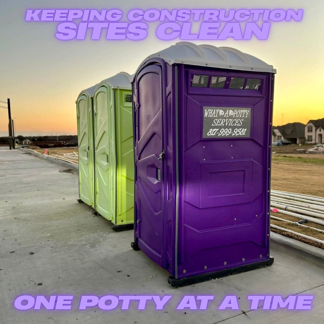 Two portable toilets: one purple, one lime green, on a concrete surface, text reads 