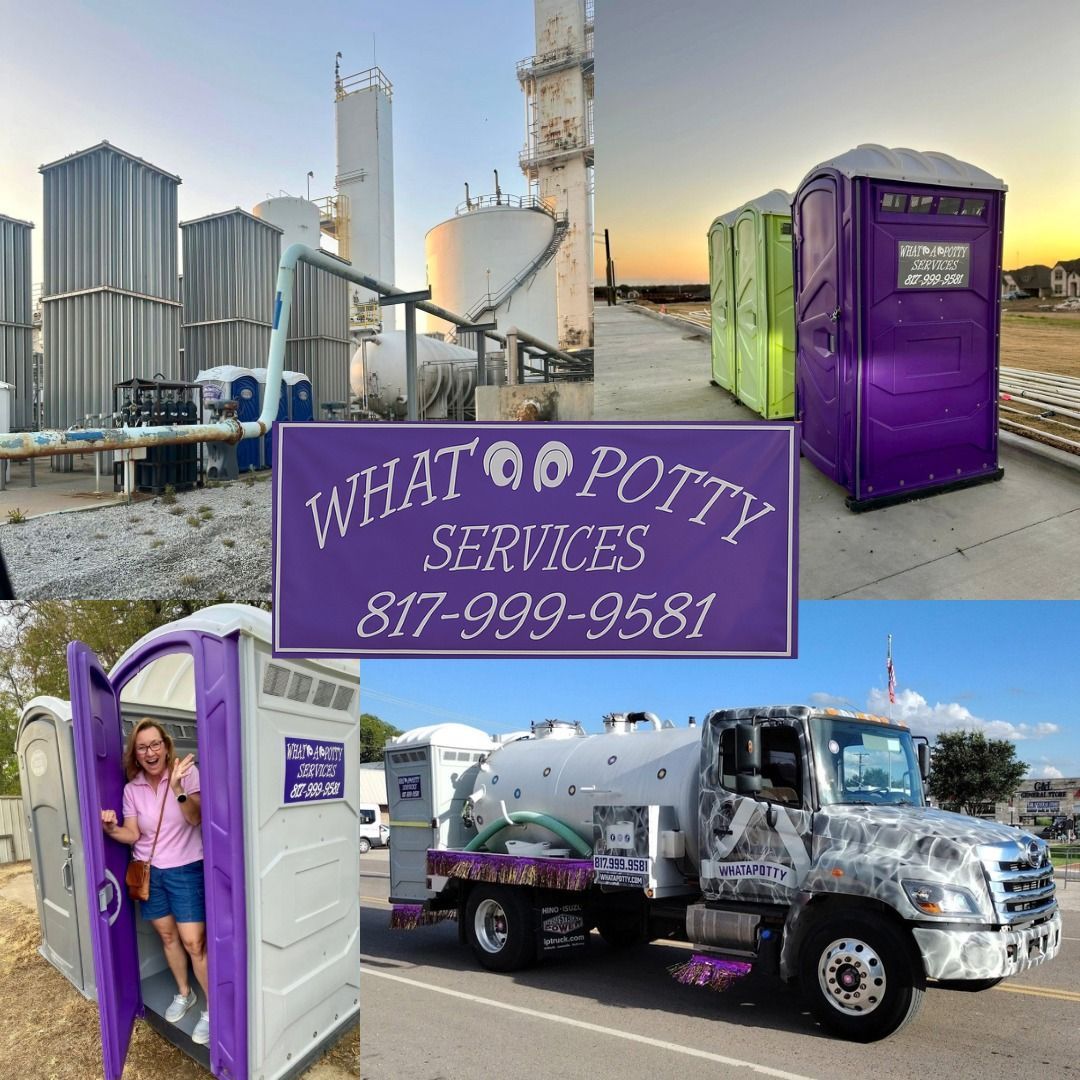 Composite image of portable toilets and service truck. A woman exits a purple unit. Purple and green toilets stand near industrial structures. A sign reads 