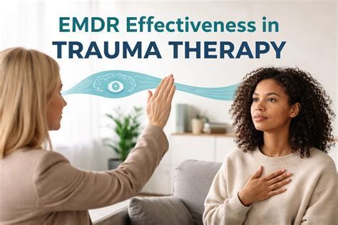 A therapist performs bilateral stimulation during an EMDR session with a client. Text reads, EMDR Effectiveness in TRAUMA THERAPY.