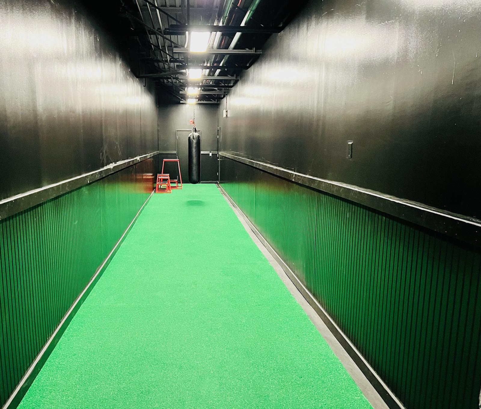 Hallway with green carpet