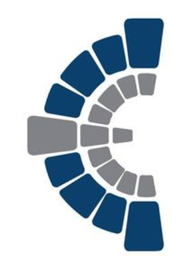 Blue and gray segmented circular logo on a white background