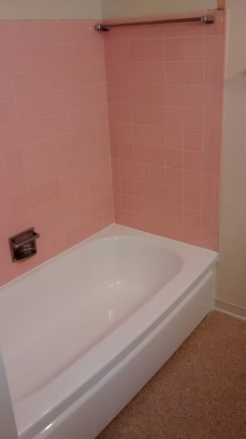 Pink-tiled bathroom with white bathtub. A chrome soap holder is mounted on the wall. Brown carpeted floor.