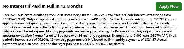 No interest if paid in full in 12 months promo with green “Apply Now” button and fine print below