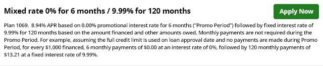 Loan offer banner with green “Apply Now” button and small-print terms for mixed-rate financing.