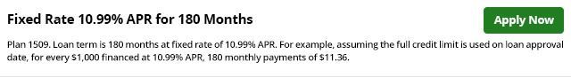 Banner ad for fixed-rate 10.99% APR for 180 months, with green “Apply Now” button.