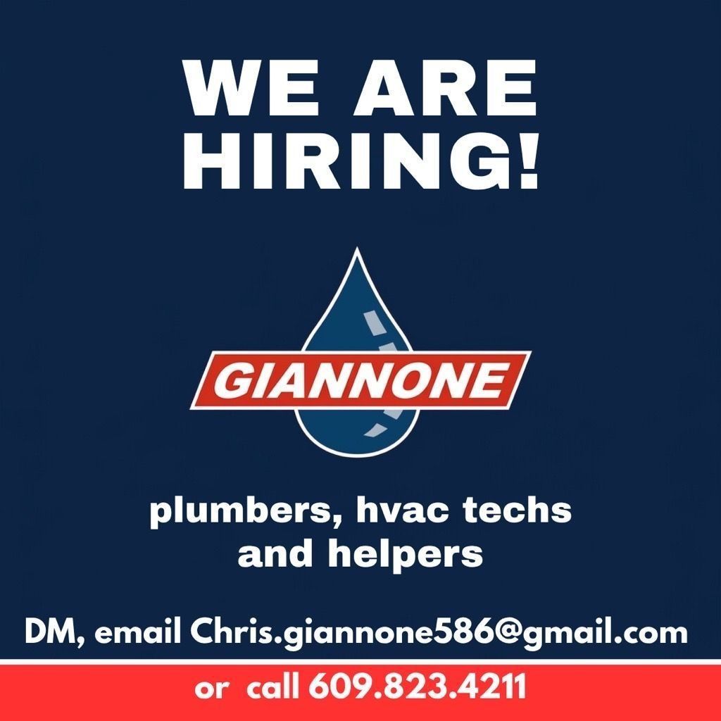 Hiring flyer for Giannone plumbers, HVAC techs and helpers on navy background with contact email and phone.