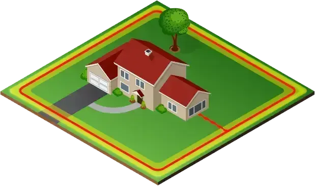 An isometric illustration of a house with a red roof, a garage, and a driveway, centered on a square green lawn.