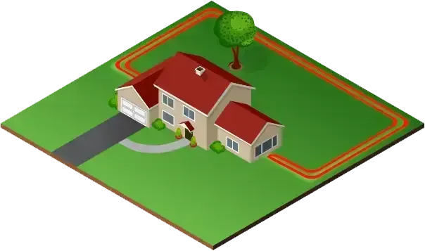 An isometric illustration of a house with a red roof, a driveway, a sidewalk, and a tree on a green lawn.