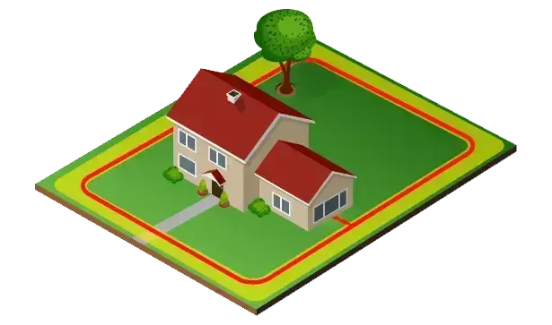 An isometric view of a house with a red roof, a tree, and a path on a green lawn enclosed by an orange perimeter line.