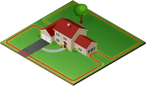 An isometric illustration of a tan suburban house with a red roof, a driveway, and a tree on a green lot.