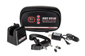 Pet Stop®  electronic pet containment system kit featuring a transmitter, receiver collar, charger, and contact points.