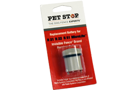 A Pet Stop®  brand replacement battery for Invisible Fence R21, R22, and R51 MicroLite collars in retail packaging.