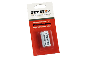 A Pet Stop®  6-volt lithium replacement battery for dog fence receiver collars in its original red and white packaging.