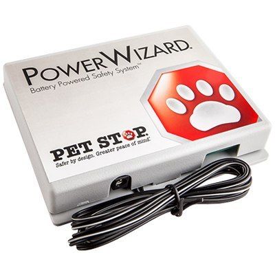 A PowerWizard battery-powered safety system for Pet Stop® , featuring a white box with a red paw-print logo and black cables.