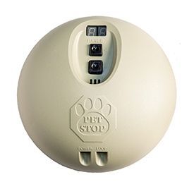 A beige, circular Pet Stop®  indoor pet containment transmitter featuring a digital display, buttons, and a logo.