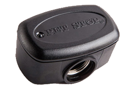 A black Bark Stop bark control device, showing its oval-shaped top housing and circular, threaded microphone port.