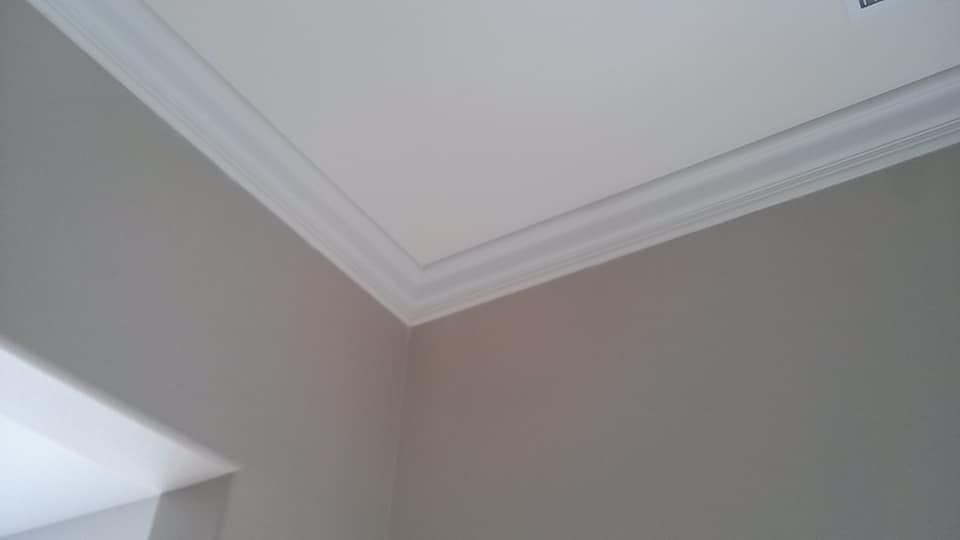 Corner of a room with white crown molding and pale gray walls.