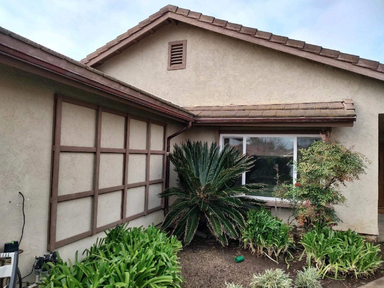 Tan stucco house with brown trim, window, and landscaping.