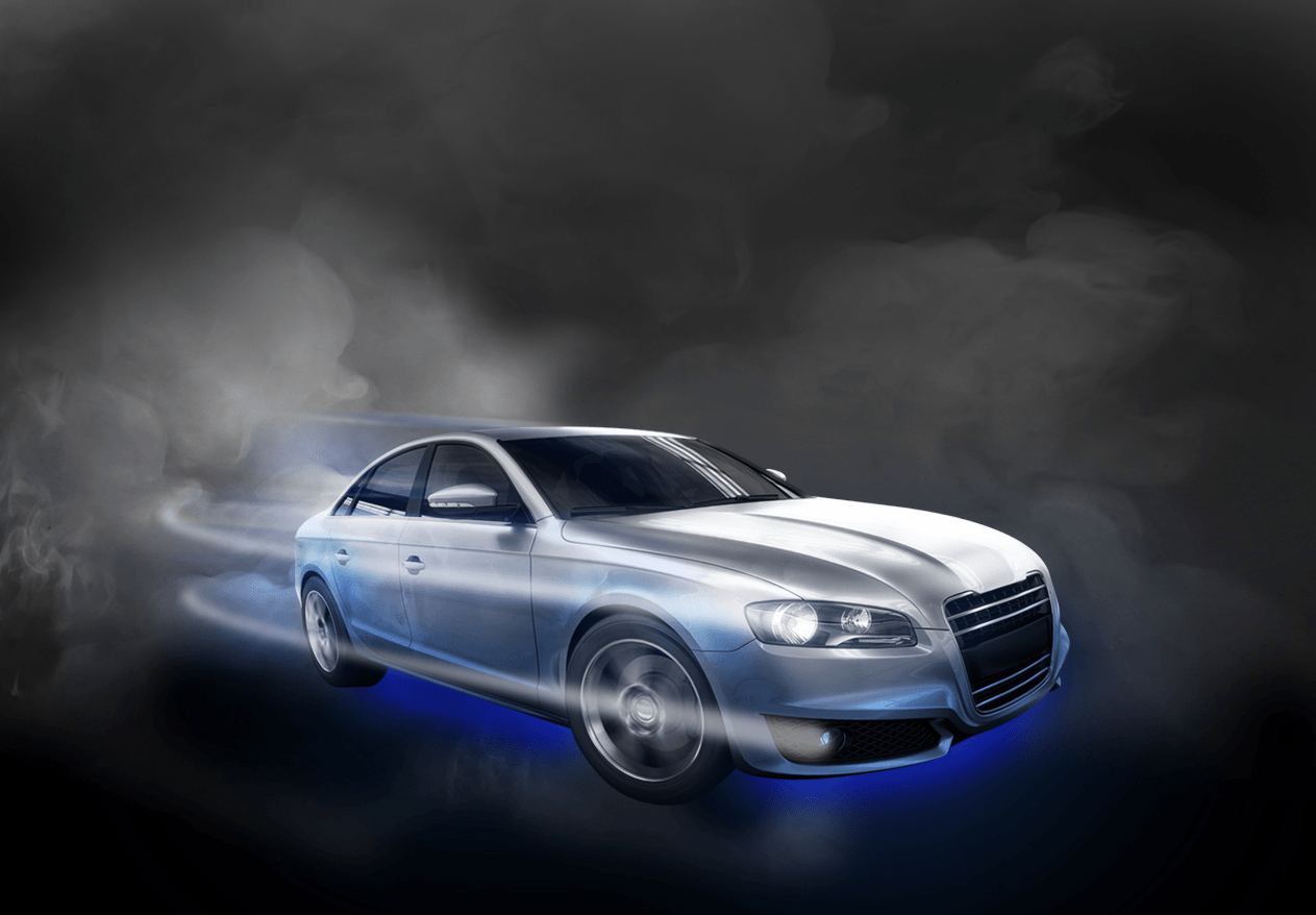 Silver sports sedan with blue underglow speeding through a smoky dark background