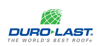 Logo for Duro-Last roofing: green graphic over blue text,