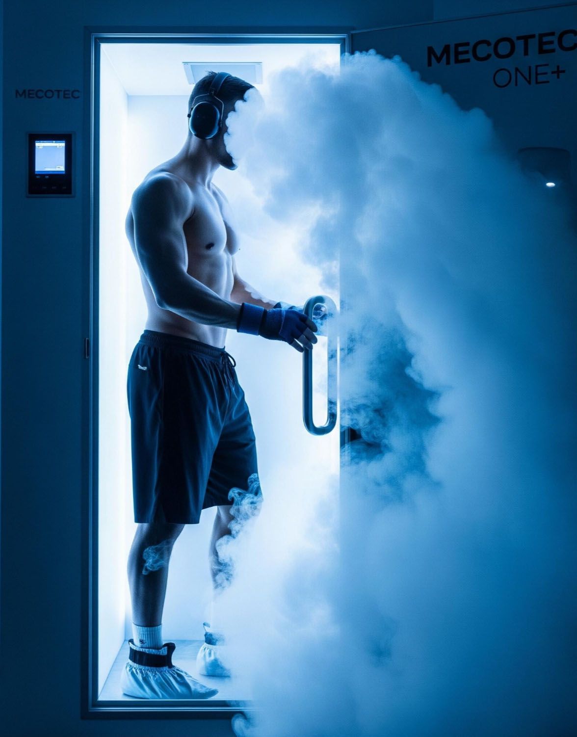 Man in cryotherapy chamber, surrounded by cold fog.