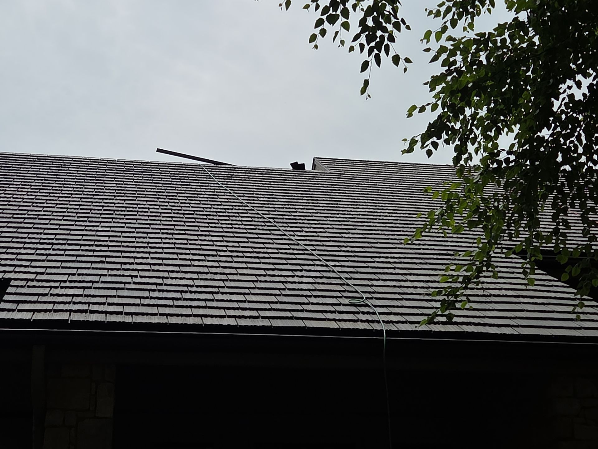 Dark shingled roof with a zigzag pattern under a cloudy sky, with tree branches in the corner.