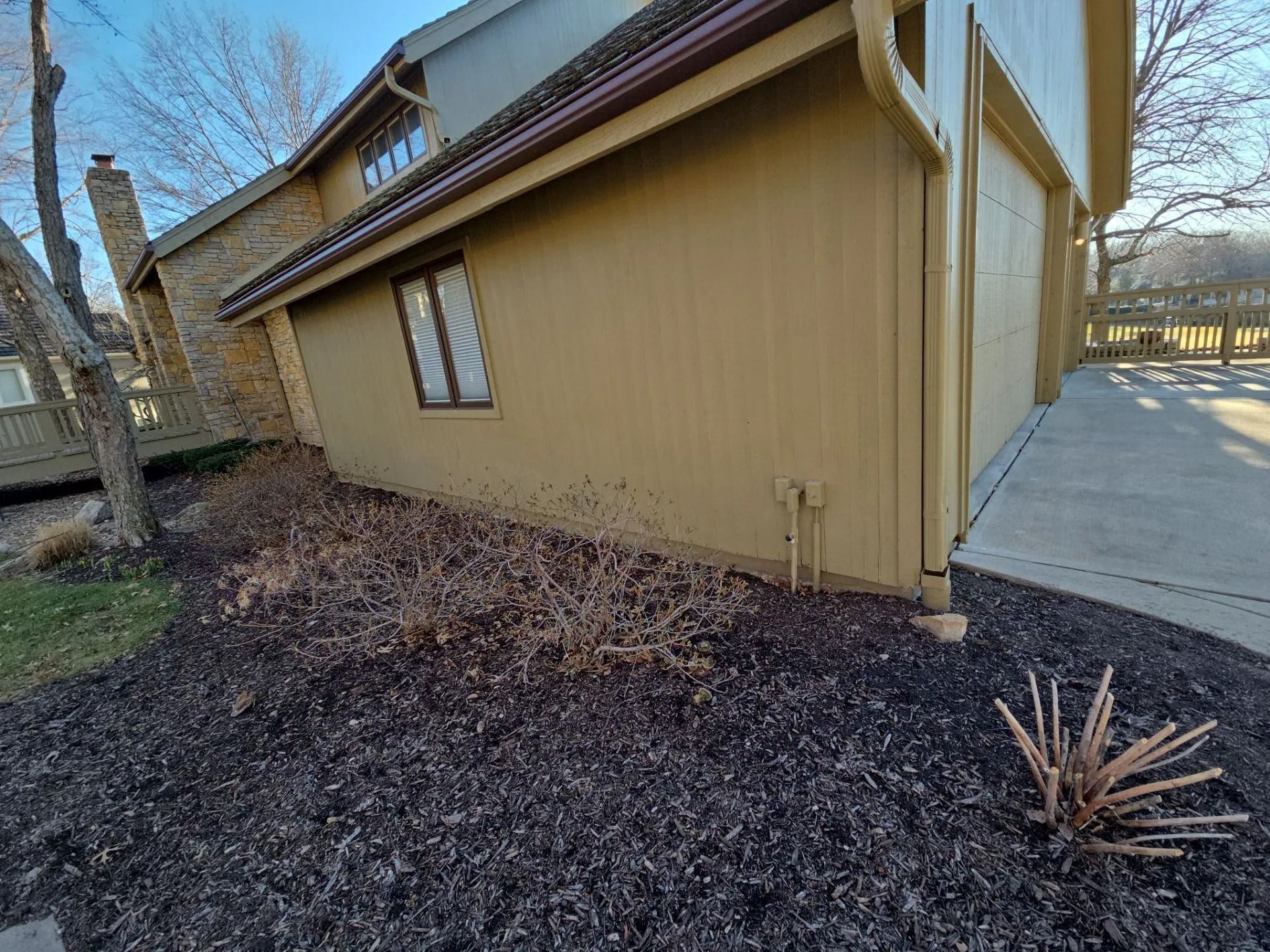 Tan house exterior with a garage and driveway, dry bushes in dark mulch.