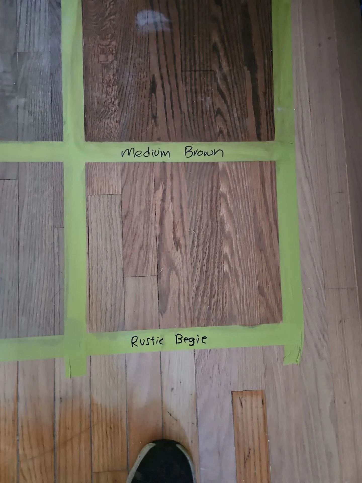 Hardwood floor stain samples labeled 