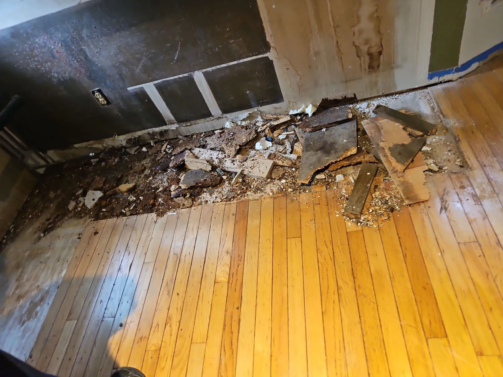 Damaged wooden floor with debris from a ceiling. Light brown wood flooring and dark ceiling.
