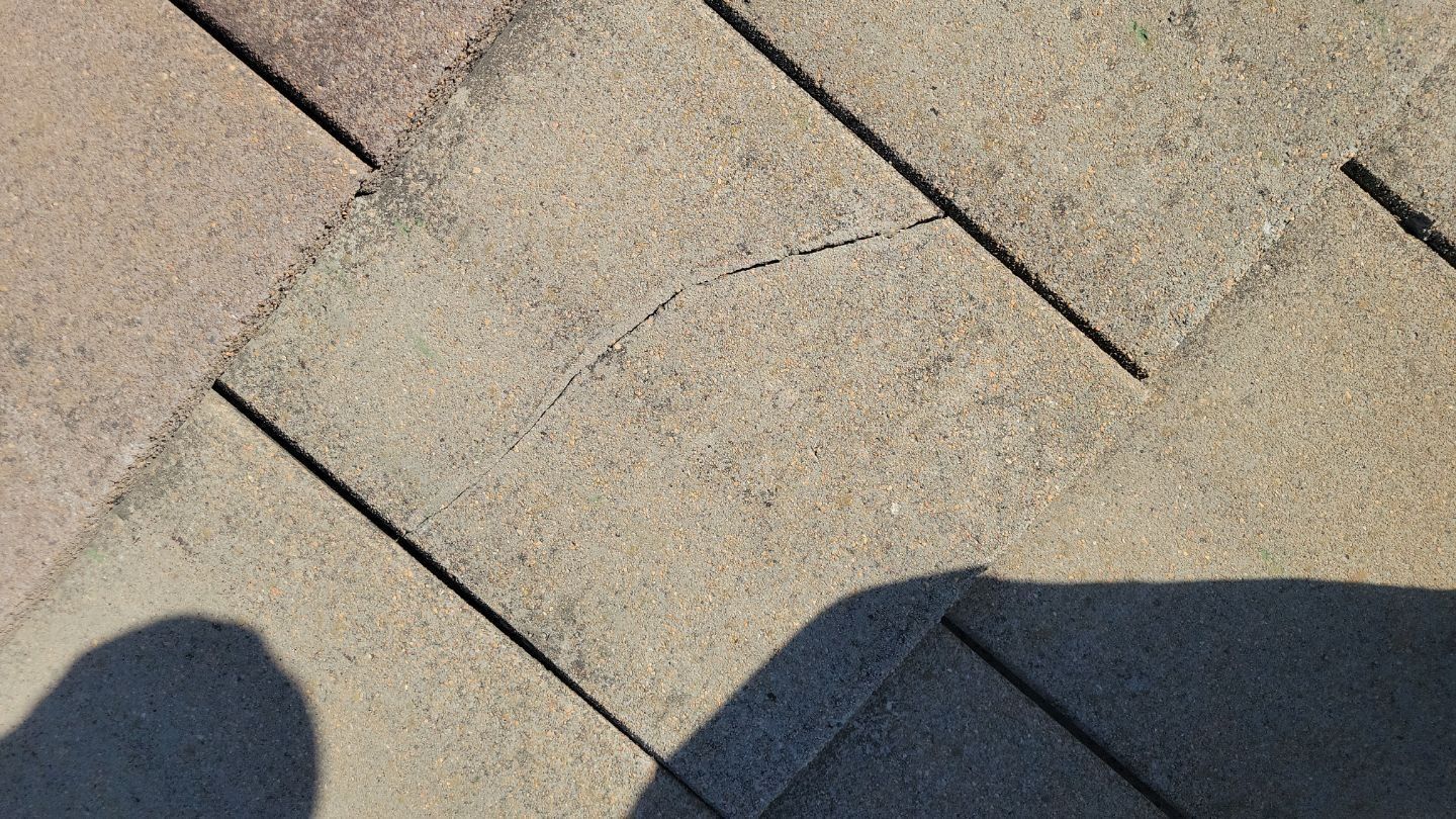 Close-up of weathered asphalt roof shingles. Gray-beige with dark lines between shingles.