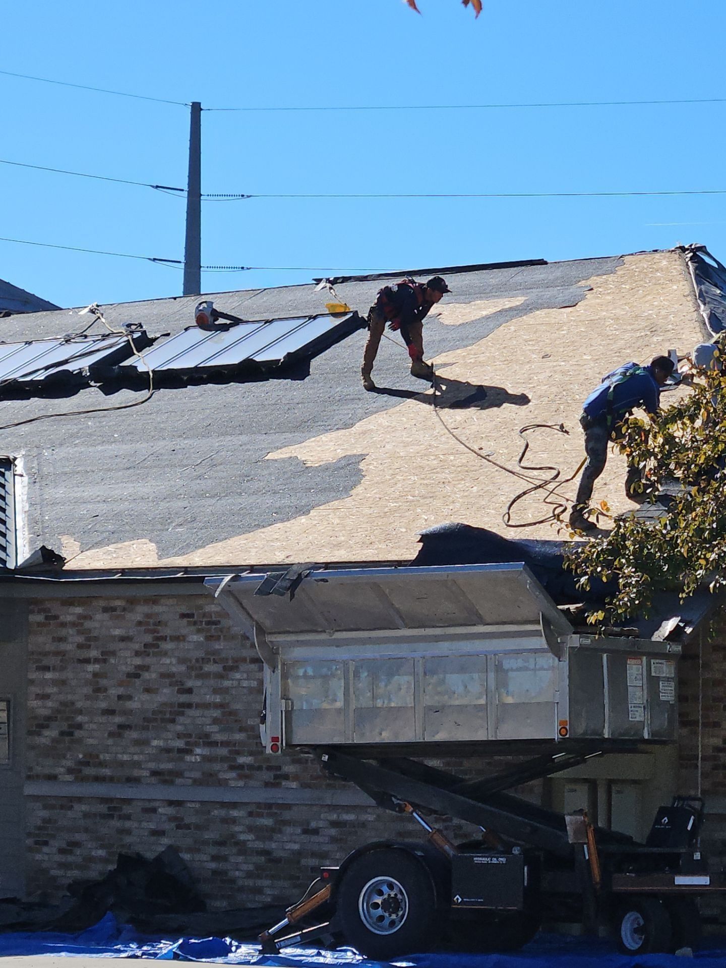 Two workers on a roof, removing shingles. Dumpster and blue tarp in foreground. Clear blue sky.