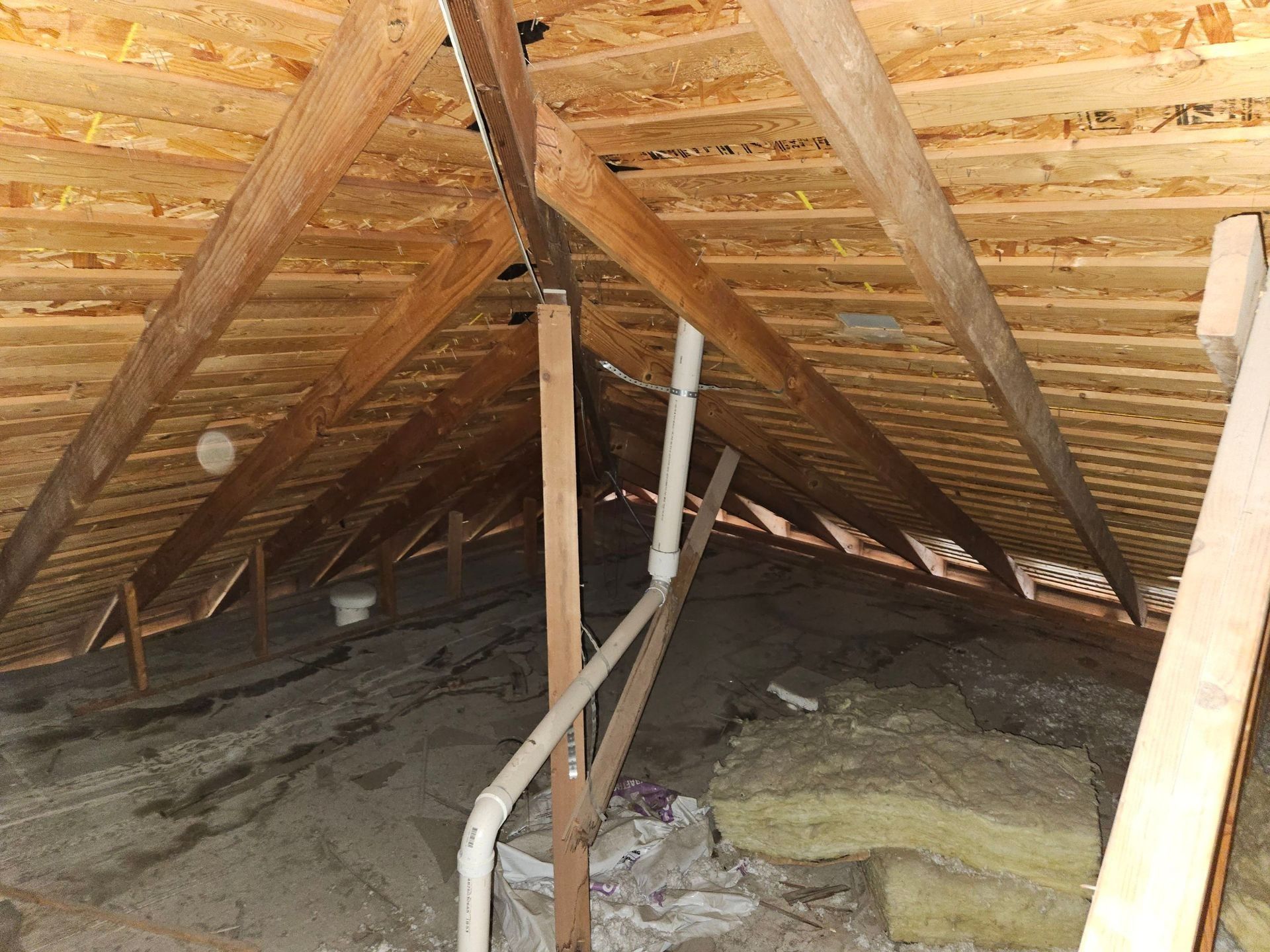 Attic interior with exposed wooden rafters, insulation, and plumbing pipes.