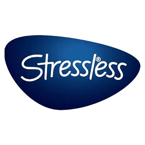 Stressless logo in white on a dark blue oval background