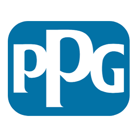 PPG logo in white letters on a blue rounded rectangle background