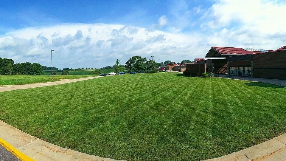 Wide green lawn beside a paved path, with a building and trees under a bright cloudy sky.