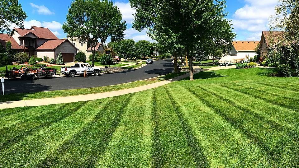 Sunny suburban neighborhood with manicured lawns, trees, and houses along a curving street.