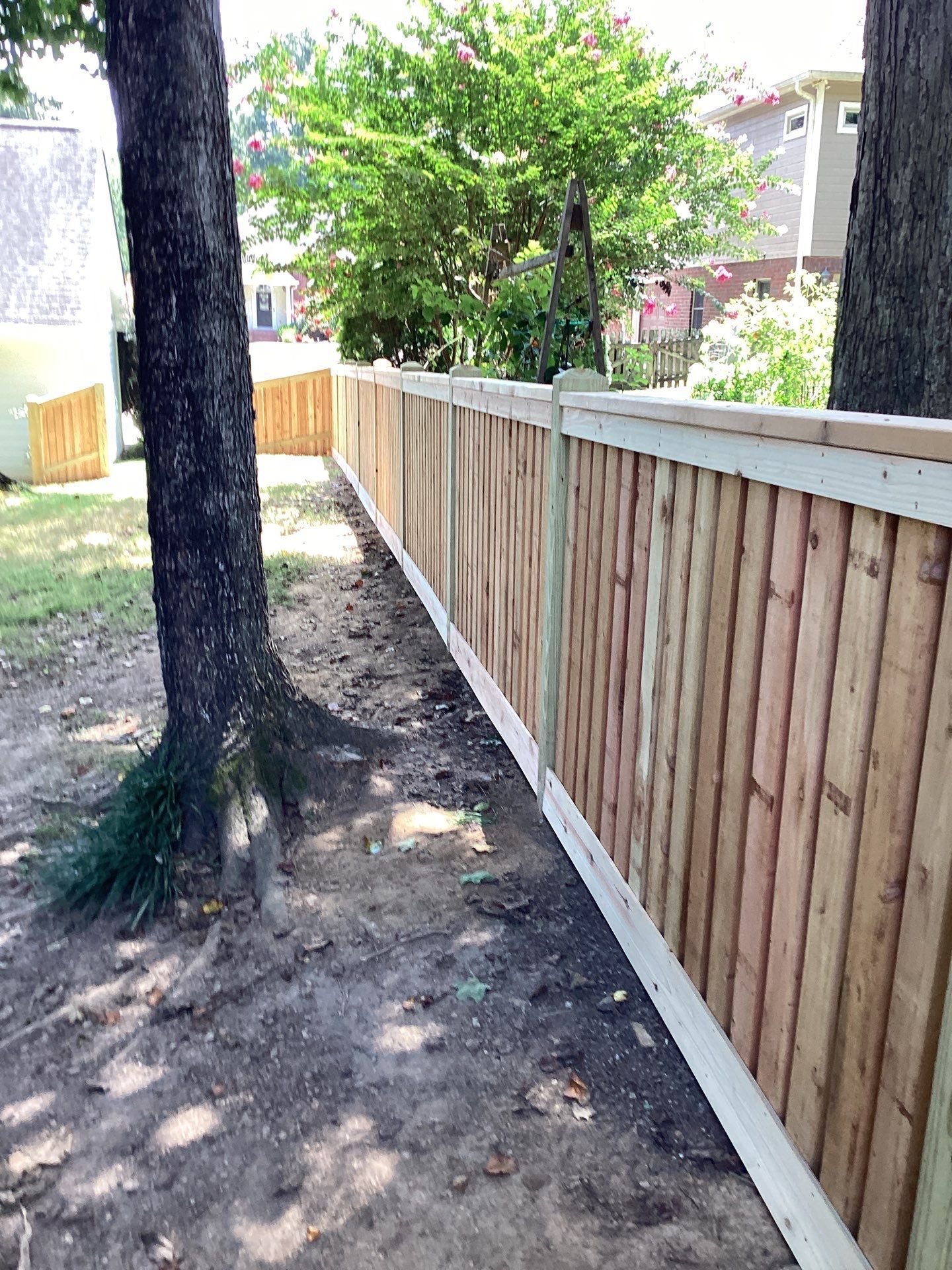 Wooden fence in a yard with a tree in the foreground and a house in the background.