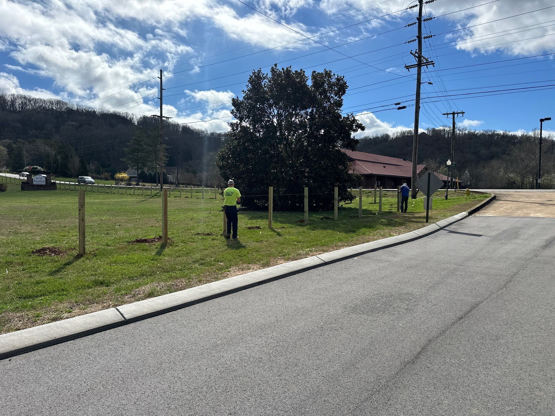 Two people building a fence near a road and a tree under a cloudy sky.