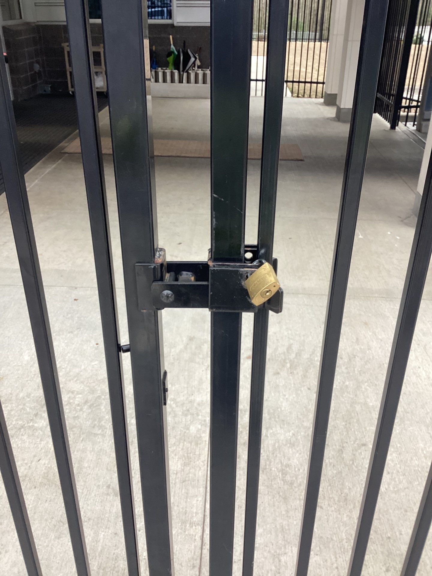Black metal gate locked with a padlock. Concrete floor in background.
