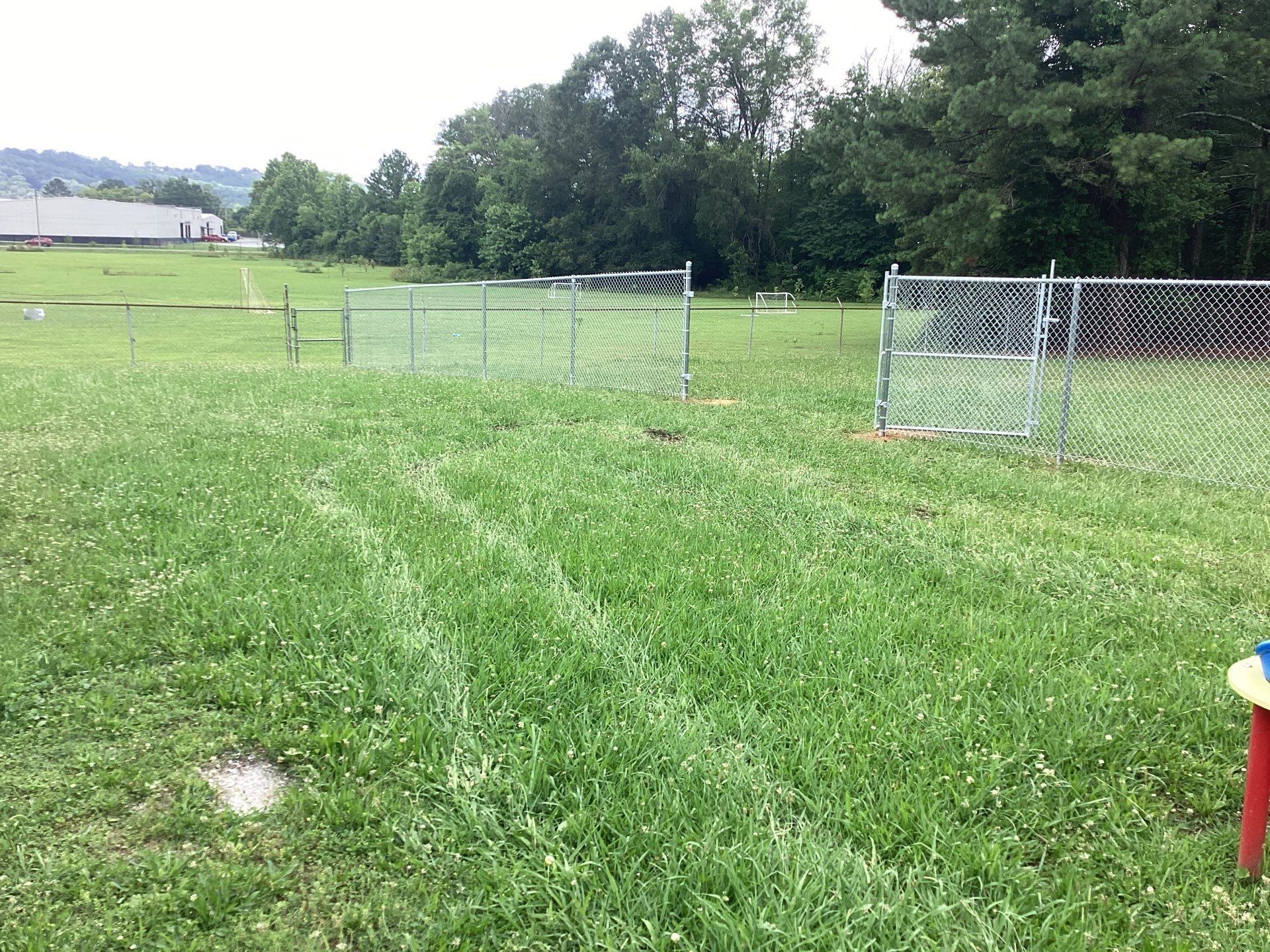 A chain-link fence with an open gate in a grassy field. Trees and a building are in the background.