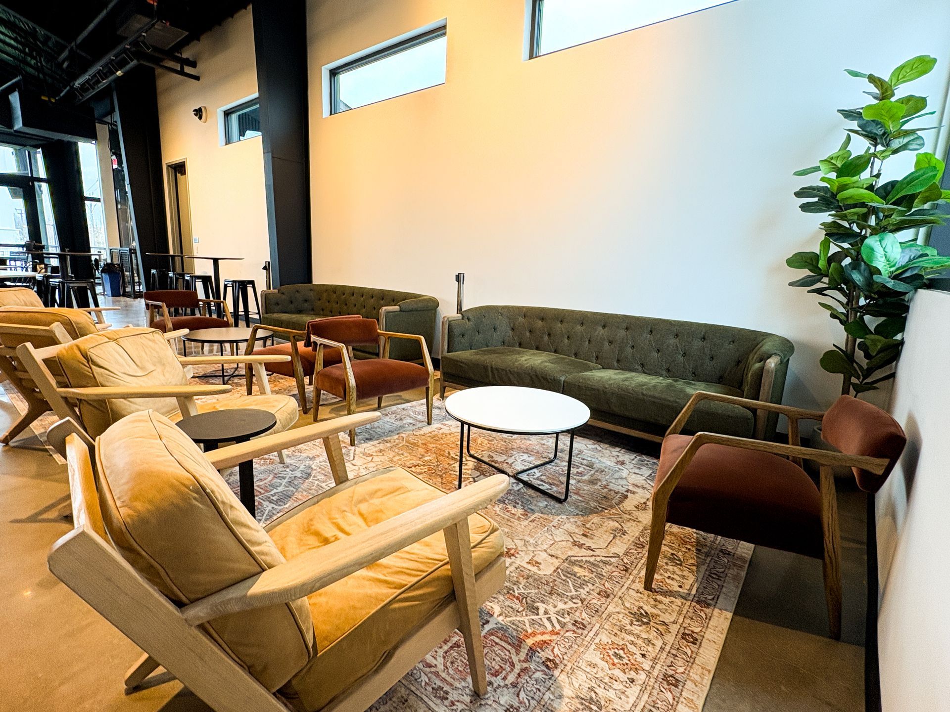 Lounge area with olive green sofa, armchairs, small round table, patterned rug, and potted plant.