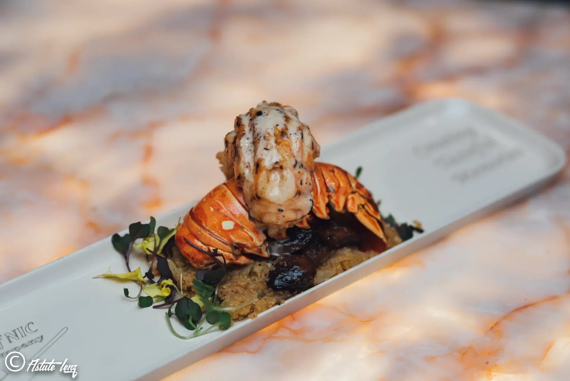 Grilled lobster tail on a bed of greens and bread, served on a white rectangular plate.