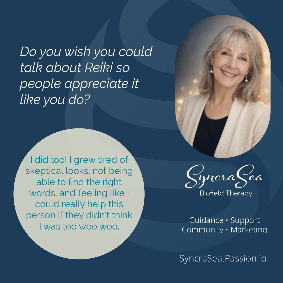 Advertisement for Reiki services. Woman smiling, text about Reiki and support, company logo: Synera Sea.