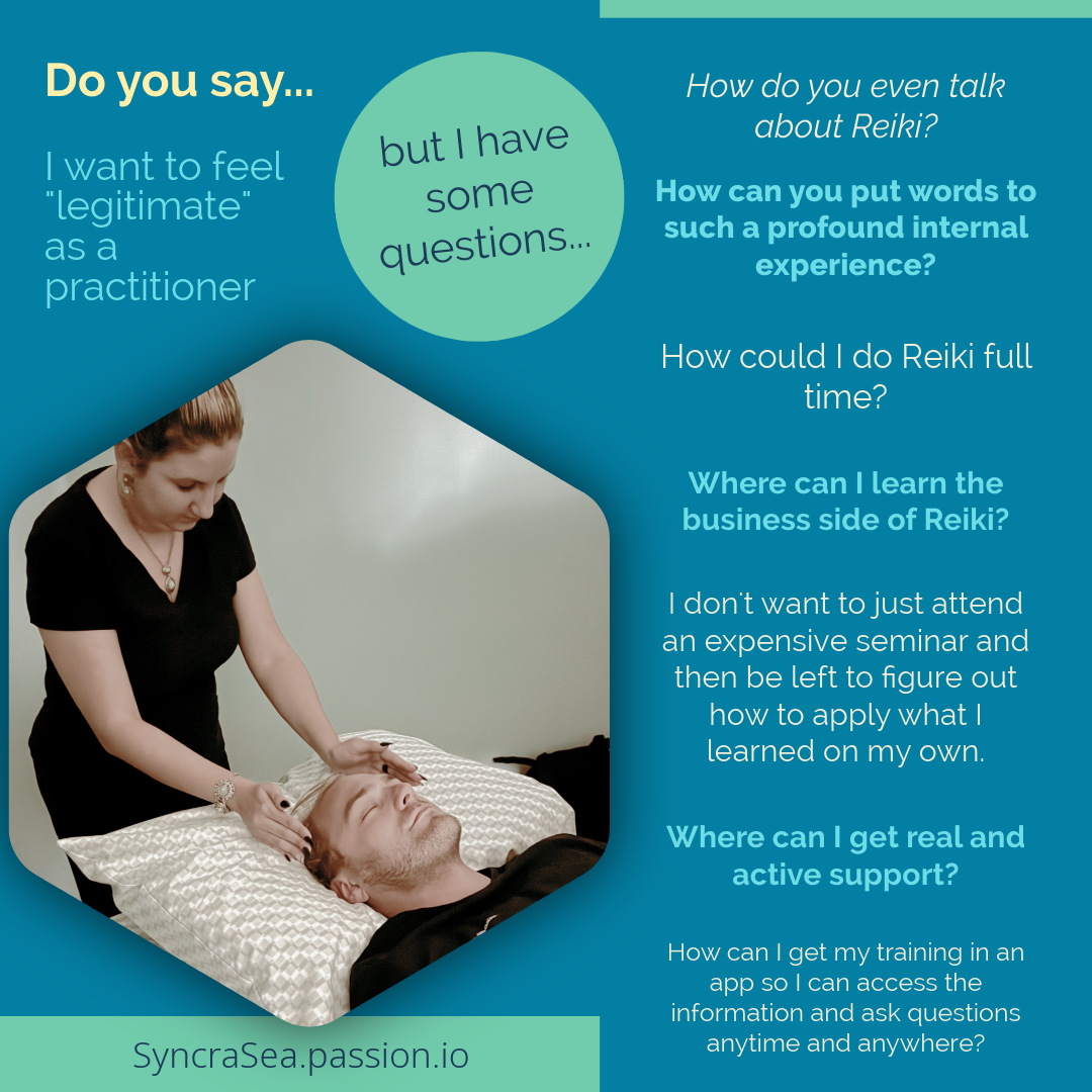 Woman performing Reiki on a man. Text asks questions about Reiki and seeking support for practitioners.