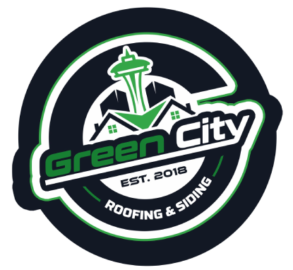 Green City Roofing & Siding logo featuring the Seattle Space Needle, green and white design.