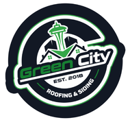 Green City Roofing & Siding logo featuring the Seattle Space Needle, green and white design.