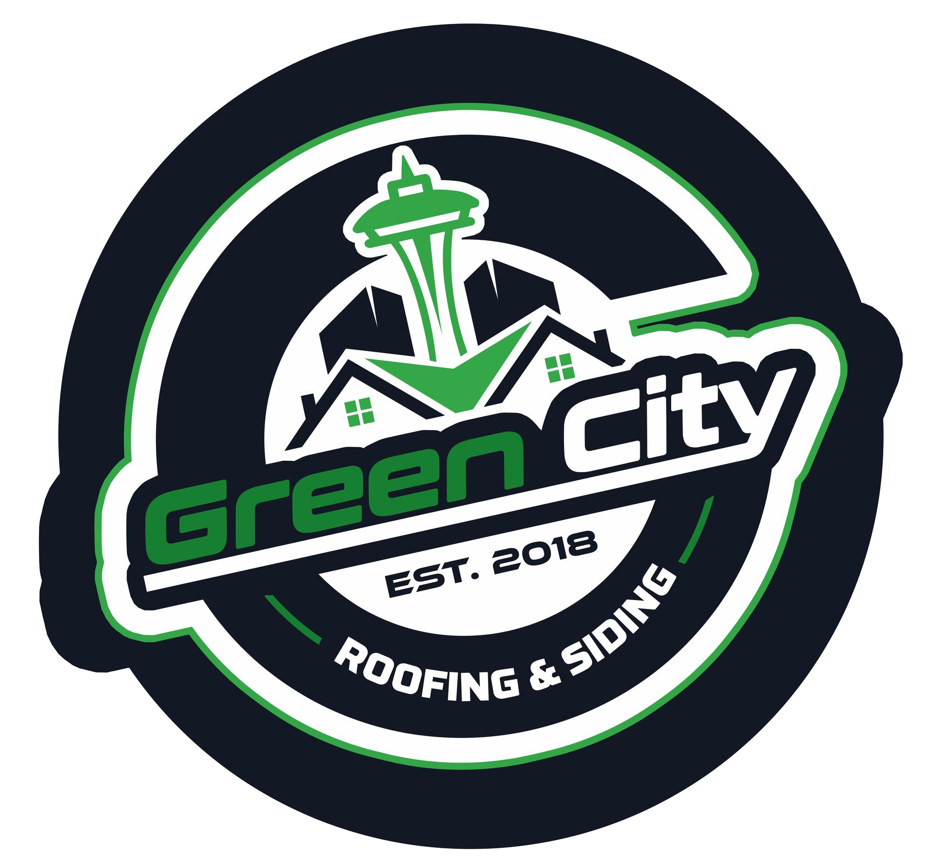Green City Roofing & Siding logo featuring the Seattle Space Needle, green and white design.