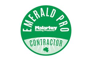 Emerald Pro Contractor badge from Malarkey Roofing Products; green circle with white text and shamrock.