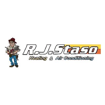 Logo for R.J. Staso Heating & Air Conditioning. Cartoon repairman holding tools.